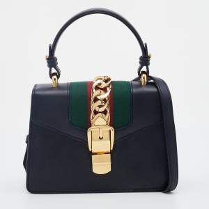 Pre Owned Gucci Black Leather Mini Web Chain Sylvie Top Handle Bag