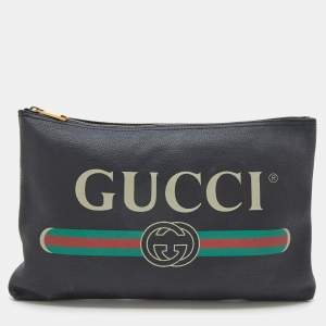 Gucci Black Leather Logo Print Zip Pouch
