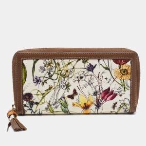 Gucci Multicolor Floral Print Canvas and Leather Bamboo Tassel Zip Around Wallet