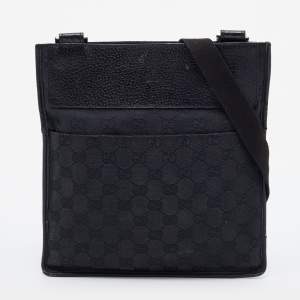 مملوكة مسبقًا Gucci Black GG Canvas And Leather Flat Messenger Bag