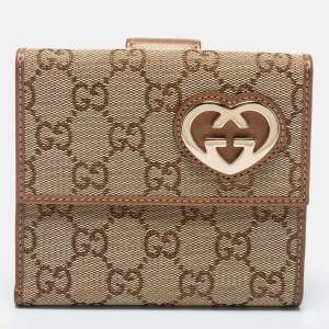 Gucci Beige/Bronze GG Canvas And Leather Lovely Heart Compact Wallet