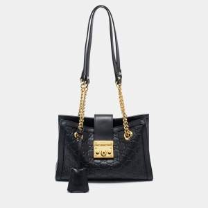 Pre Owned Gucci Black Guccissima Leather Small Padlock Tote