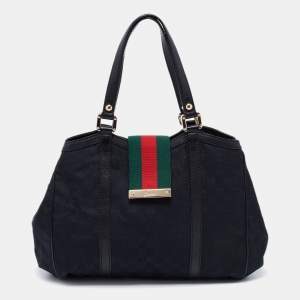 Pre Owned Gucci Black GG Canvas and Leather Medium New Ladies Web Tote  