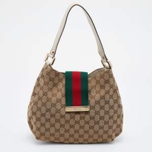 Pre Owned Gucci Beige/Brown GG Canvas And Leather Medium New Ladies Web Hobo