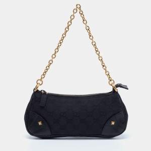 Pre Owned Gucci  Black GG Canvas and Leather Horsebit Nail Chain Pochette