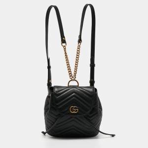Pre Owned Gucci Black Matelassé Leather GG Marmont Backpack