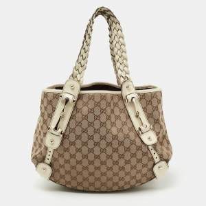 Pre Owned Gucci Beige/White GG Canvas and Leather Medium Pelham Shoulder Bag