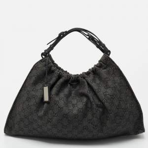 Gucci Black/Grey GG Denim and Leather Hobo