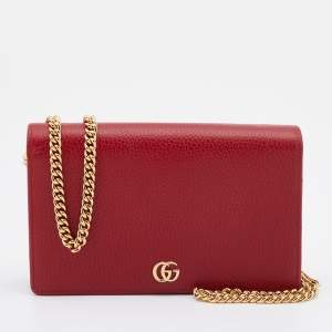 Gucci Red Leather Mini GG Marmont Wallet on Chain