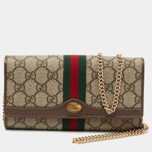 Pre Owned Gucci Beige/Brown GG Supreme Canvas and Leather Ophidia Web Wallet on Chain