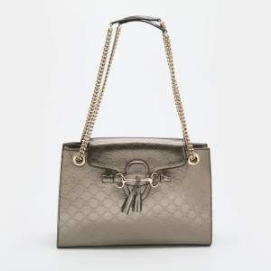 Pre Owned Gucci Dark Olive Guccissima Patent Leather Large Emily Chain Shoulder Bag