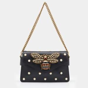 Gucci Black Leather Mini Pearl Studded Queen Margaret Broadway Shoulder Bag 