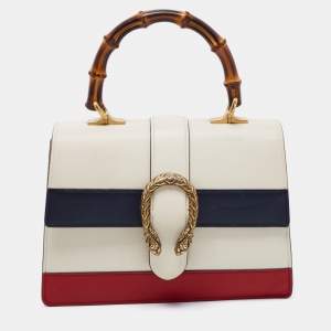 Gucci Off White Striped Leather Dionysus Medium Top Handle Bag
