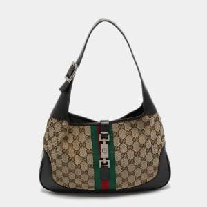 Pre Owned Gucci Beige/Dark Brown GG Canvas and Leather Jackie O Web Hobo