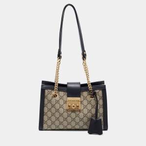 Gucci Beige/Black GG Supreme Canvas and Leather Small Padlock Tote