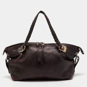 Pre Owned Gucci Plum Leather Medium Bamboo Bar Tote