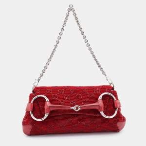 Pre Owned Gucci Red Beads and Lizard Leather Horsebit Chain Clutch