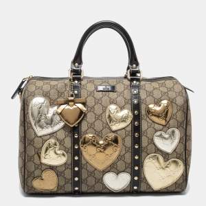 Gucci Beige/Dark Brown GG Supreme Canvas and Leather Medium Hearts Joy Boston Bag