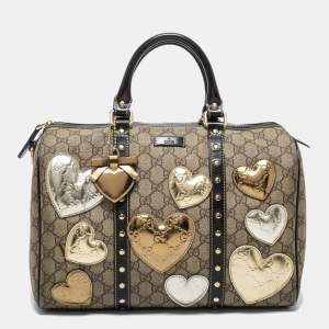 Pre Owned Gucci Beige/Dark Brown GG Supreme Canvas and Leather Medium Hearts Joy Boston Bag