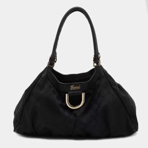 Pre Owned Gucci Black GG Canvas and Leather Large D-Ring Hobo