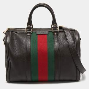 Pre Owned Gucci Brown Leather Web Boston Bag