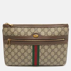 Pre Owned Gucci Beige GG Supreme Canvas and Leather Ophidia Pouch