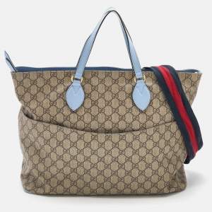 Pre Owned Gucci Beige/Blue GG Supreme Canvas and Leather Diaper Bag