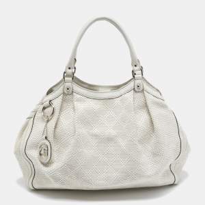 Pre Owned Gucci White Diamante Raffia and Leather Large Sukey Tote