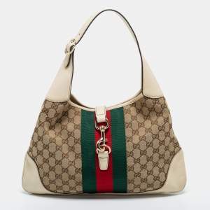 Pre Owned Gucci Beige GG Canvas and Leather Web Jackie O Bouvier Hobo
