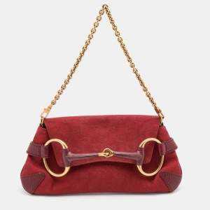 Pre Owned Gucci Red GG Canvas and Leather Horsebit Chain Clutch