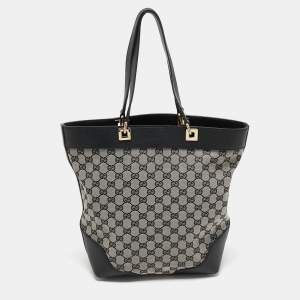 Pre Owned Gucci Black/Grey GG Canvas and Leather Bucket Tote