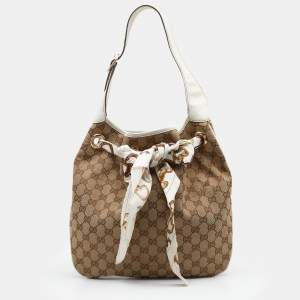 Pre Owned Gucci Beige/White GG Canvas and Leather Positano Scarf Hobo