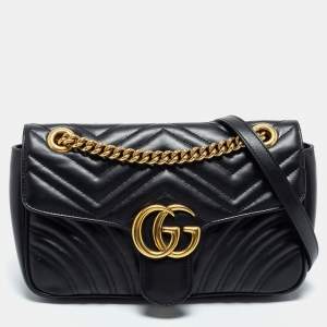 Gucci Black Matelassé Leather Small GG Marmont Shoulder Bag