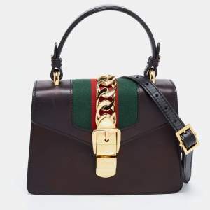 Pre Owned Gucci Black Leather Mini Web Chain Sylvie Top Handle Bag