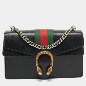 Pre Owned Gucci Black Leather Small Dionysus Web Shoulder Bag