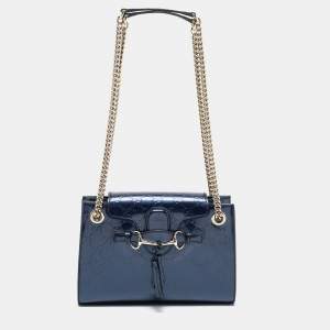 Pre Owned Gucci Blue Guccissima Patent Leather Small Emily Chain Shoulder Bag