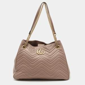 Pre Owned Gucci Dusty Pink Matelassé Leather Medium GG Marmont Chain Tote
