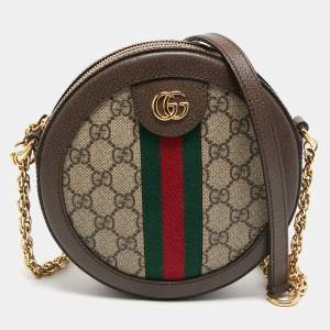 Gucci Brown GG Supreme Canvas and Leather Mini Ophidia Round Bag