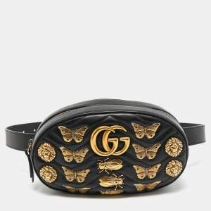 Pre Owned Gucci Black Matelassé Leather GG Marmont Animal Stud Belt Bag
