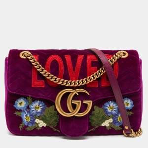 Pre Owned Gucci Purple Love Embroidered Matelassé Velvet Medium GG Marmont Shoulder Bag