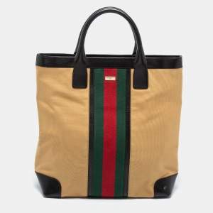مملوكة مسبقًا Gucci Khaki Brown/Black Canvas and Leather Large Vintage Web Shopper Tote