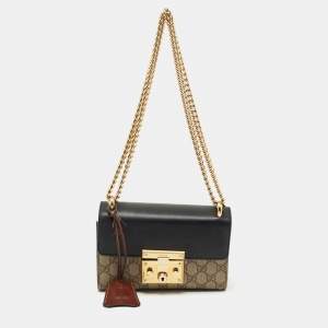 Gucci Black/Beige GG Supreme Canvas and Leather Small Padlock Shoulder Bag
