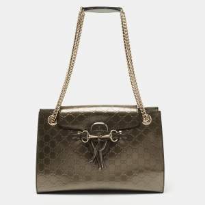 Pre Owned Gucci Dark Grey Guccissima Patent Leather Large Emily Chain Shoulder Bag