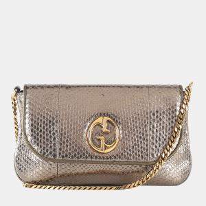 Gucci Bronze Snakeskin Leather Vintage GG Logo Shoulder Bag 