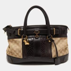 Pre Owned Gucci Brown/Beige GG Canvas and Alligator Leather Secret Web Tote