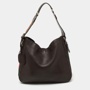 Gucci Dark Brown Leather Web Shoulder Bag