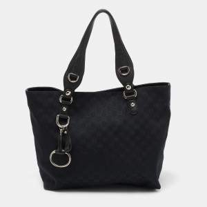 Pre Owned Gucci Black GG Denim and Leather Icon Bit Tote