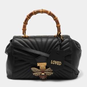 Pre Owned Gucci Black Quilted Leather Medium Queen Margaret Bamboo Top Handle Bag