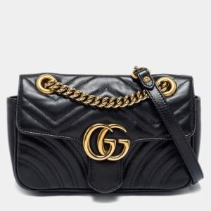 Gucci Black Matelassé Leather GG Marmont Super Small Shoulder Bag