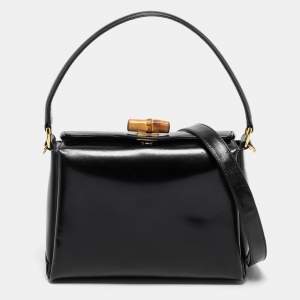 Pre Owned Gucci Black Leather Bamboo Top Handle Bag